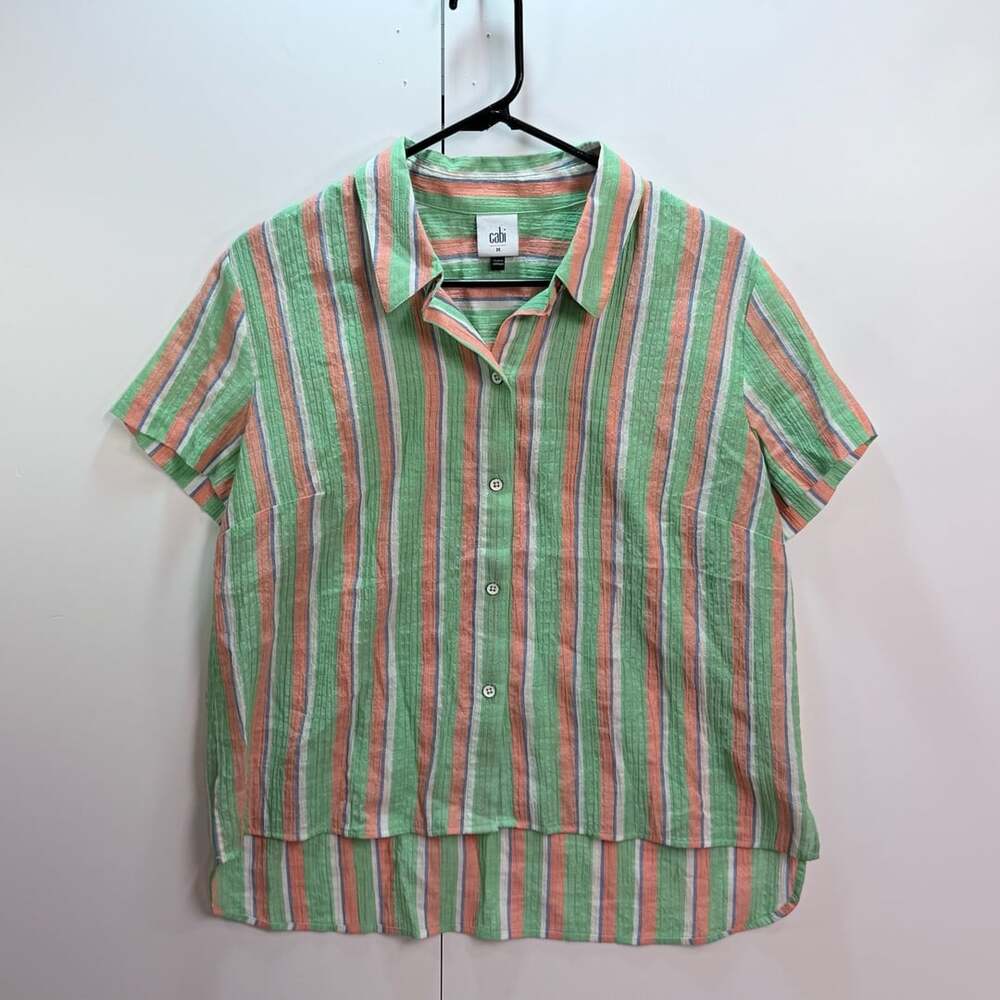 Cabi Style Size M 6201 Green and Peach Striped Crinkled Camp Shirt